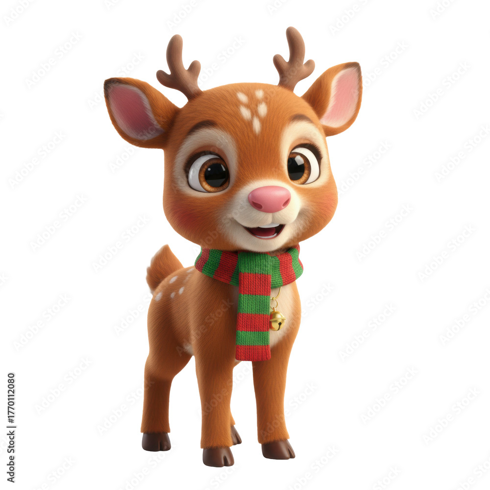 Obraz premium Adorable festive reindeer with scarf and bell, spreading Christmas cheer and holiday joy for children's books, greeting cards, and seasonal promotions