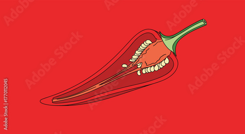 A vibrant red chili pepper, cut in half to reveal its inner structure with seeds and placenta, illustrates a common spicy ingredient.
