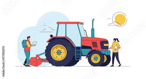 Agricultural engineers or farmers utilizing modern technology and digital tools to inspect and manage a tractor, representing smart farming practices.