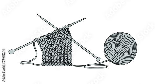 A pair of knitting needles with stitches and a partially knitted project, alongside a ball of gray yarn, illustrating the craft of knitting.