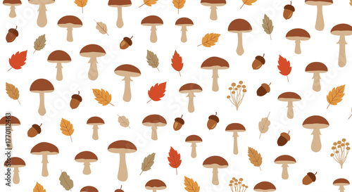 Seamless pattern with autumn forest elements, including brown mushrooms, vibrant fall leaves, and acorns, on a clean white background.