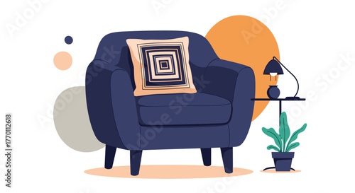 A cozy and comfortable indoor setting featuring a navy armchair with a decorative cushion, a side table with a lamp, and a potted plant.