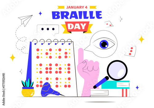World Braille Day Vector Illustration Celebrating January 4th, Featuring the Braille Alphabet as a Means of Communication on a Flat Background