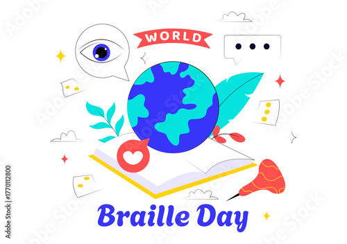 World Braille Day Vector Illustration Celebrating January 4th, Featuring the Braille Alphabet as a Means of Communication on a Flat Background