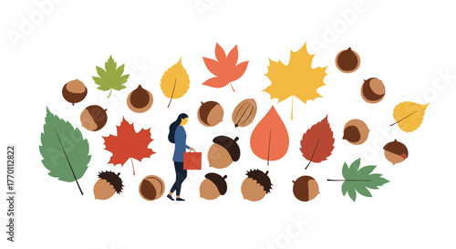 A woman walks among colorful autumn leaves and nuts, holding a shopping bag, illustrating the fall season and shopping.