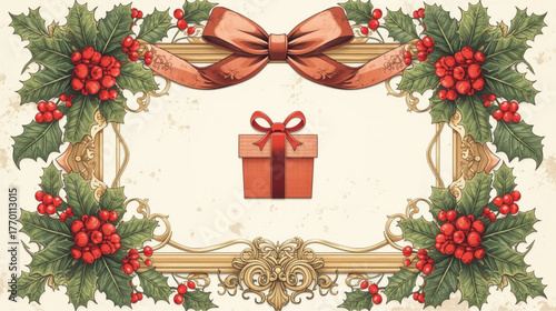 Christmas Gift Box with Holly Frame, Festive Vector for Holiday Cards and Invitations