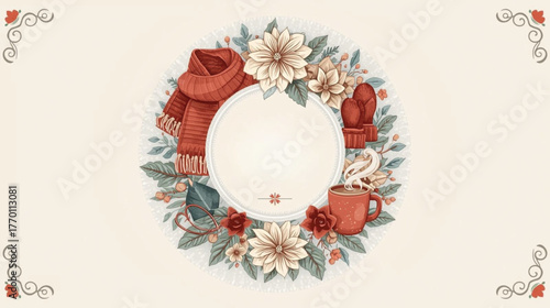 Christmas Floral Circle Frame with Red Roses and Pinecones , Elegant Vector for Holiday Greetings