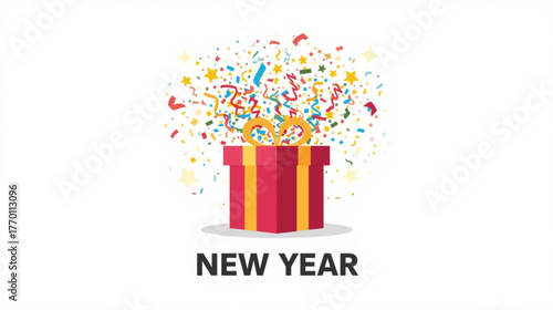 New Year Celebration Box with Confetti , Vector Template for 2026 Party Flyers and Social Posts