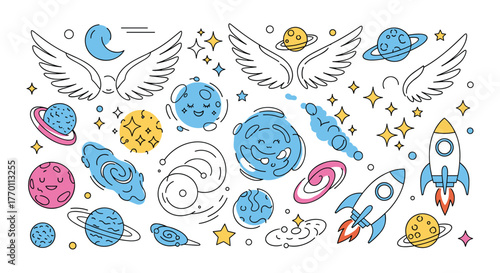 Whimsical and colorful doodle set featuring various cosmic elements like planets, rockets, stars, galaxies, and wings in a playful outline style.