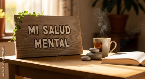 Self care Concept mi Salud Mental Sign with Tea, Book, and Zen Stones