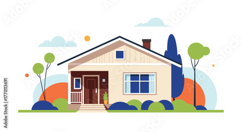 A charming vector illustration of a small, cozy house with a vibrant garden, lush trees, and a clear sky, perfect for depicting home and residential life.