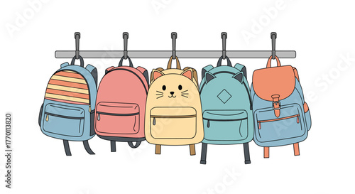 Five different colorful backpacks, including a cute cat-faced one and a striped bag, hang neatly on hooks against a white background, ready for school.