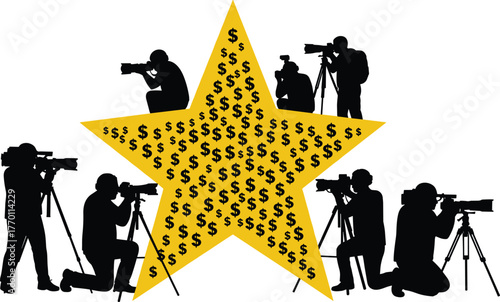 Celebrity fame concept, media spotlight, dollar star, paparazzi silhouette, photography vector, wealth symbol, flat design, isolated illustration