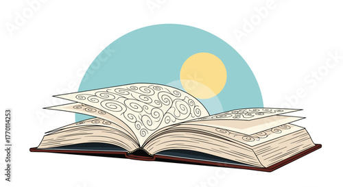 An open book with pages unfolding, revealing intricate patterns, set against a serene sky with a soft sun, symbolizing imagination and knowledge.