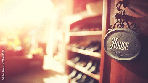 identification. Elegant house nameplate on a wooden door beside a neatly arranged shoe rack. lifestyle magazines, social media lookbooks, designed for lifestyle magazines and social media content.