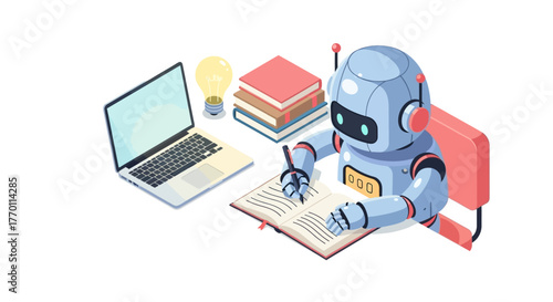 Engaging AI tutor assisting with learning through online courses and textbooks, enhancing education with friendly robot technology for the modern student