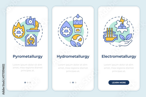 Extractive metallurgy methods onboarding mobile app screen. Heavy industry. Walkthrough 3 steps editable graphic instructions with linear concepts. UI, UX, GUI. Montserrat SemiBold, Regular fonts used