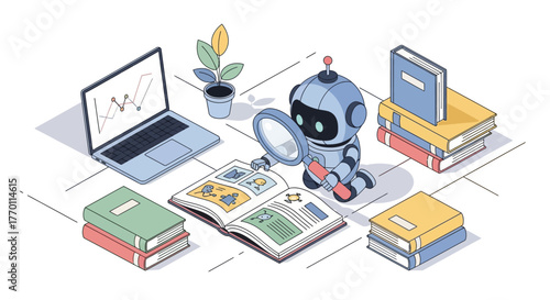 Cute robot learns with magnifying glass and books, exploring data science on a laptop - embrace the future of AI, coding, and education