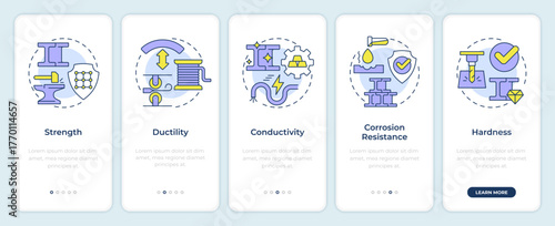 Properties of metals onboarding mobile app screen. Metalworking industry. Walkthrough 5 steps editable graphic instructions with linear concepts. UI, UX, GUI. Montserrat SemiBold, Regular fonts used