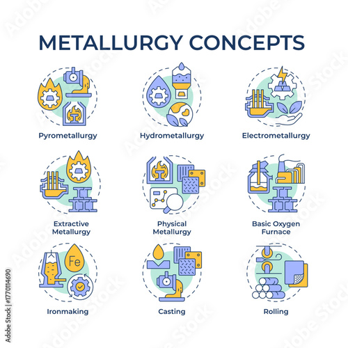 Metallurgy multi color concept icons. Processes of exploration and casting metals. Heavy industry branch. Icon pack. Vector images. Round shape illustrations for presentation. Abstract idea