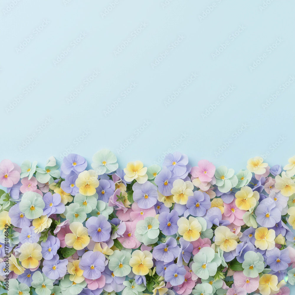Obraz premium A delicate border of pastel pansies in pink, purple, yellow, and mint against a soft blue background, perfect for spring designs and greeting cards.