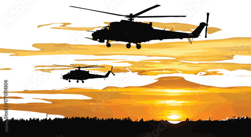 Military helicopters flying at sunset, forest silhouette, dramatic sky, aviation scene, dusk patrol, tactical aircraft, golden hour, defense operation, nature contrast