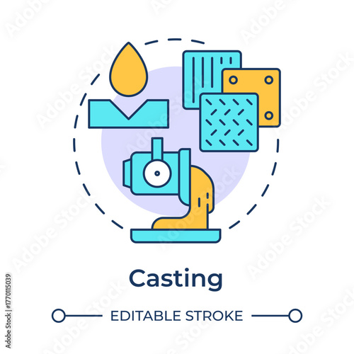 Casting multi color concept icon. Molten iron pouring into molds. Steel manufacturing process. Metallurgy industry. Round shape line illustration. Abstract idea. Graphic design. Easy to use in