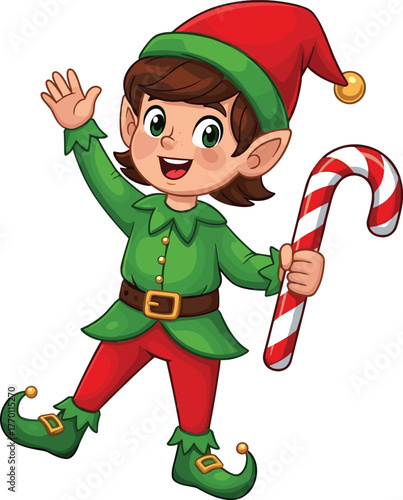Cute Christmas elf holding candy cane, cheerful Santa helper cartoon character, festive holiday illustration, joyful winter decoration artwork, happy celebration design
