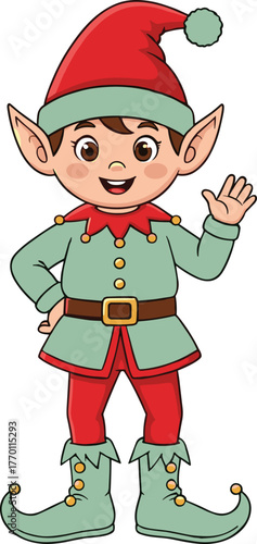Cute Christmas elf waving hand, cheerful Santa helper cartoon character, festive holiday illustration, joyful winter celebration artwork, colorful Christmas costume