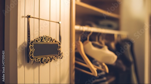 identification. Elegant house nameplate on a wooden door beside a neatly arranged shoe rack. lifestyle magazines, social media lookbooks, designed for lifestyle magazines and social media content.