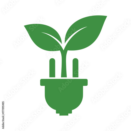 Green energy concept with a plant growing from an electrical plug, vector art, symbolic Logo