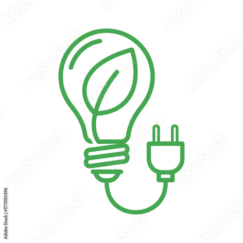 Green energy concept with a leaf inside a lightbulb and a plug, vector art, symbolic Logo