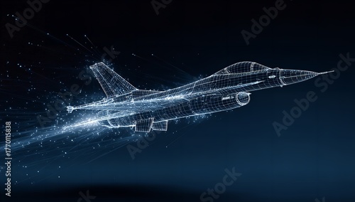Futuristic fighter jet blueprint design with digital glowing particles on a dark blue background.