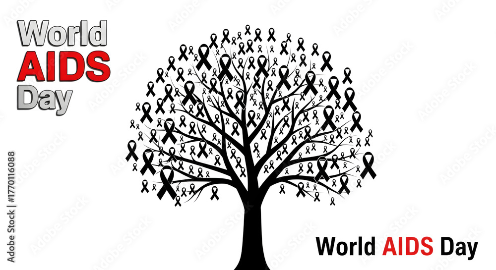 Obraz premium World aids day bare tree with black ribbons, symbolizing awareness and support for those affected by HIV/AIDS, isolated on transparent background