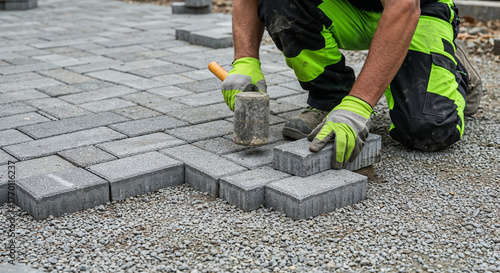 Worker laying gray pavers in herringbone pattern with rubber mallet.

