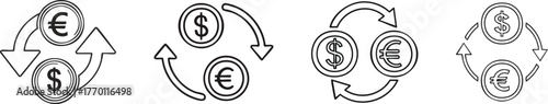 Currency exchange arrows with dollar euro signs outline icon minimalist finance symbol clean line art