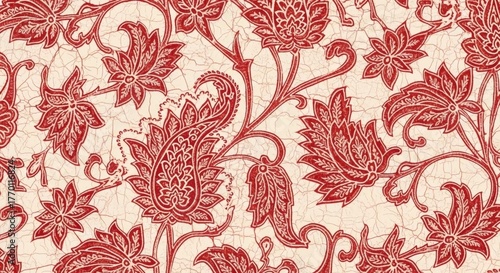 Intricate Red Floral Paisley Pattern with Distressed Cracked Texture