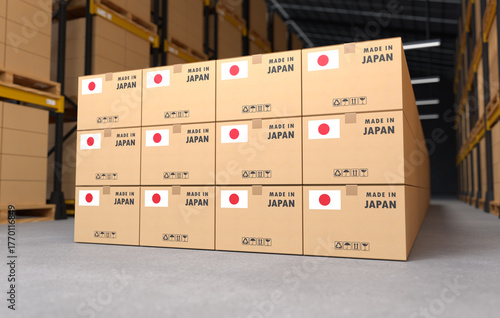 Made in Japan export boxes in a warehouse, Logistics and trade concept. 3D illustration