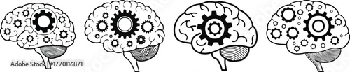 Human brain with gear icon minimal outline representing creativity learning intelligence idea concept