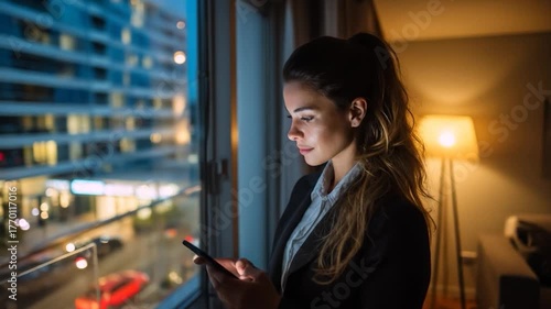 Woman using phone at night, city lights visible through window