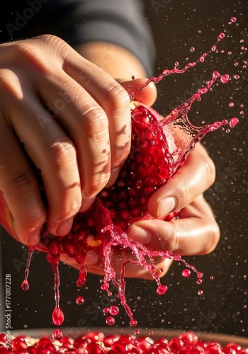 Squeezing pomegranate causing burst of juice, vibrant and refreshing
