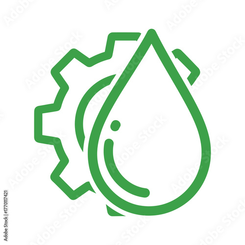 Green gear and water drop icon symbolizing sustainable industry and clean water, vector art, symbolic Logo