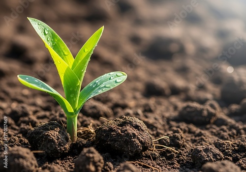 Tender corn sprout with dewdrops illuminating agricultural potential