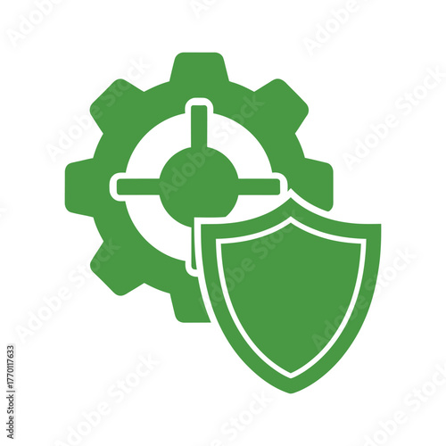 Green gear with crosshairs and shield icon representing security and protection, vector art, symbolic Logo
