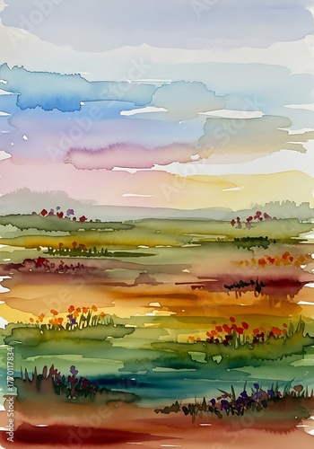 Watercolor landscape with floral meadow and soft skies, artistic touch