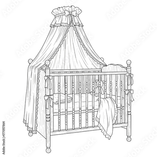 Ornate baby crib with canopy and bedding in hand-drawn style