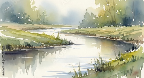 Watercolor painting of a tranquil river winding through a lush landscape
