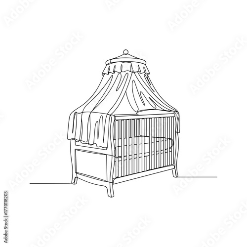 Baby crib with canopy in minimalist hand-drawn line art style
