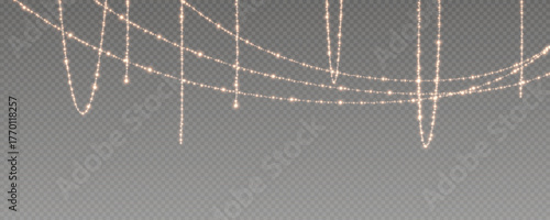 Christmas and New Year glowing garlands of bulbs and lights. Design element for holiday cards, backgrounds, business cards, vector png on transparent background.