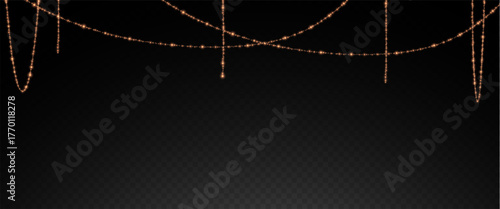 Christmas and New Year glowing garlands of bulbs and lights. Design element for holiday cards, backgrounds, business cards, vector png on transparent background.